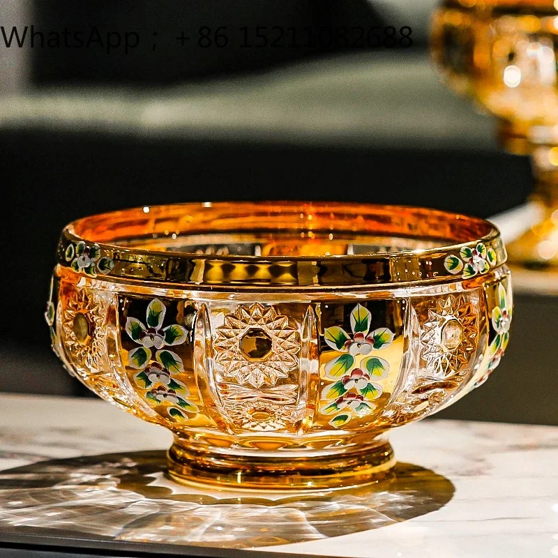 LLY Enamel Gold Plated Decal Fruit Plate Craft Crystal Glass Tall Dried Fruit Snack Fruit Cup