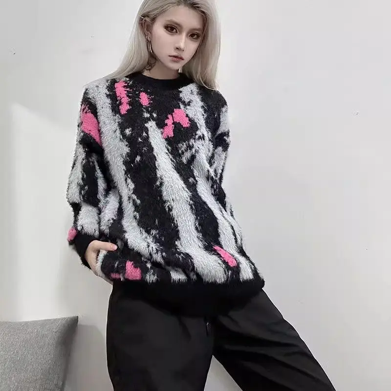 

Tie Dye Mink Sweater Loose Oversize American High Street Lazy Sle Couple Knitted irt Women Casual Faion Polyester Fiber