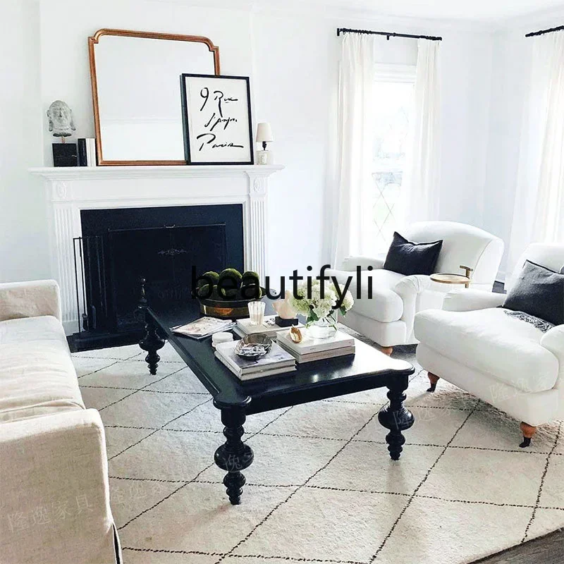 yj5 American Country Style Solid Wood Weathered Gray Vintage Living Room Coffee Table Simple Rectangular Storage Tea Table