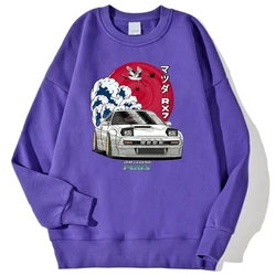 Japanese Car Waves Crane Red Sun Print Man Pullovers Oversize Fleece Hoodie Simple Crewneck Sweatshirt Autumn Casual Clothes