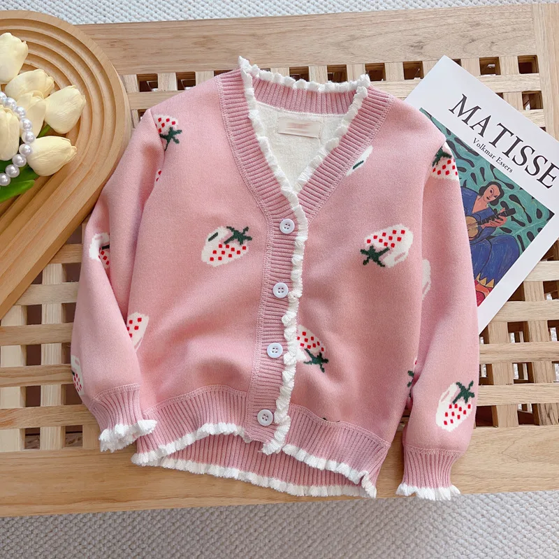 Girls V-Neck Trendy Knit Cardigan, Fleece Lined Thick Warm Sweater Coat Kids Casual Outerwear  Spring Autumn Winter Little Girls