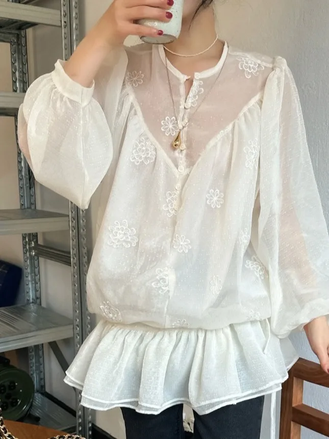 Chic Spring Gentle Wind Semi-Open Collar Embroidered Floral Pattern Dstring Blouse Svel Women's Dr Faionable
