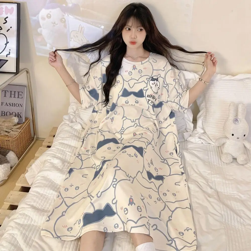Cartoon Chiikawa Pyjama-Kleid für Damen mit Brustpolster, Sommer, Niedliches Mädchen-Studentinnen-Modell, Große Größen, Locker, Auch als Freizeitkleidung Tragbar