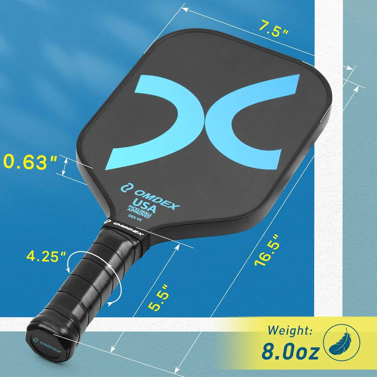 Pagaia, set di paddle per pickleball in fibra di carbonio grezza T700 da 16 mm, pagaia per pickle antiscivolo allungata, approvata USAPA, potenza, ibrida e