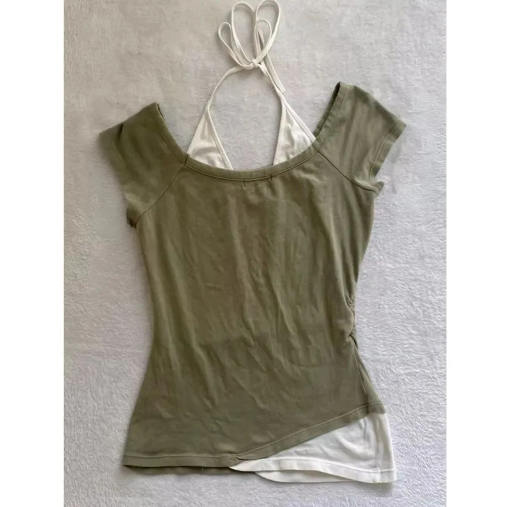 2026 Sommer Vintage Fake Two-Piece Neckholder-T-Shirt mit Schnürung, Y2K Slim Fit Print-Oberteil für Damen, schulterfreies Kurzarm-T-Shirt – Detail 6