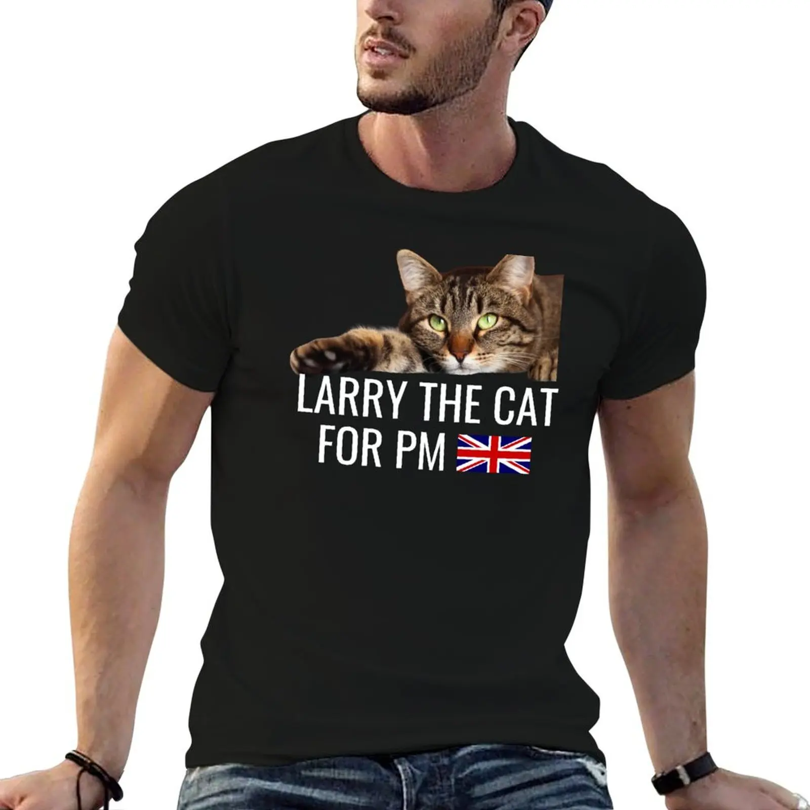 Larry The Cat For PM. Photo Tabby Cat. White Text Capitals. T-Shirt Modern Style Print T-Shirt