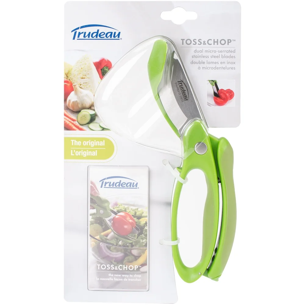 デュアルマイクロセレーションブレード付きトス＆チョップツール、インスタント野菜チョッピング、安全ロック、コンパクト収納、サラダや料理に最適