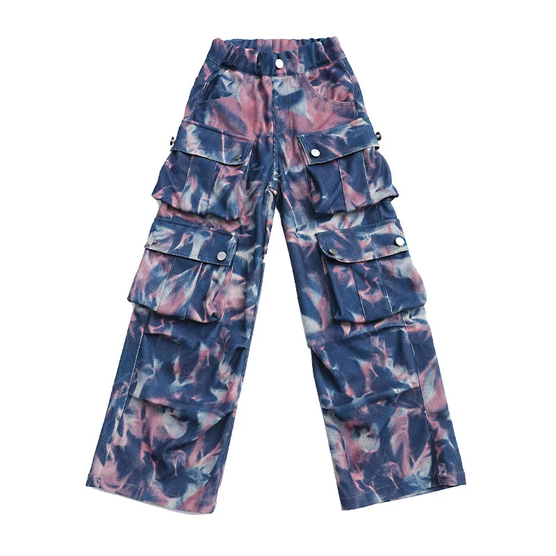 Junior Girls Casual tie-dyed Hip Hop cargo pants teen kids Dance Wide leg pants children clothes Multiple pockets trousers 10 14