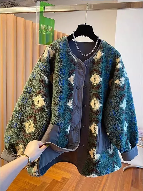 

Lamb Fur Lined Thiened round Ne Jaet Double Sided Wear Casual Outerwear for Men And Women Couples Loose Fit Autumn Wint...