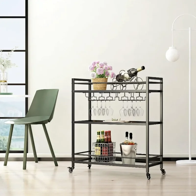 Glass Black Bar Carts for Home with Hanging Wine Rack - Home Bar Serving Cart with 3 Mirrored Shelves, Kitchen Bar Carts