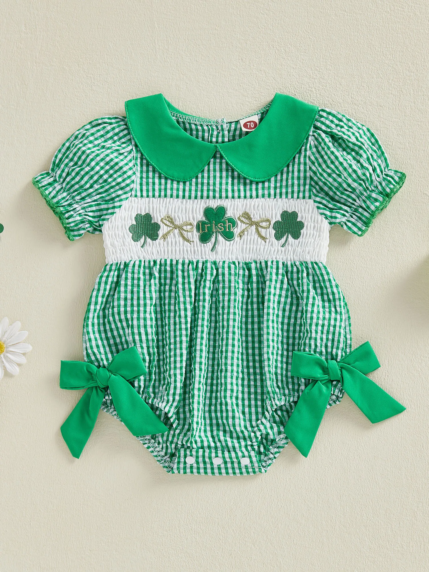 

Irish Charm Toddler Girl Green Plaid Romper with Shamrock Embroidery and Doll Collar for St Patrick s Day Celebrations