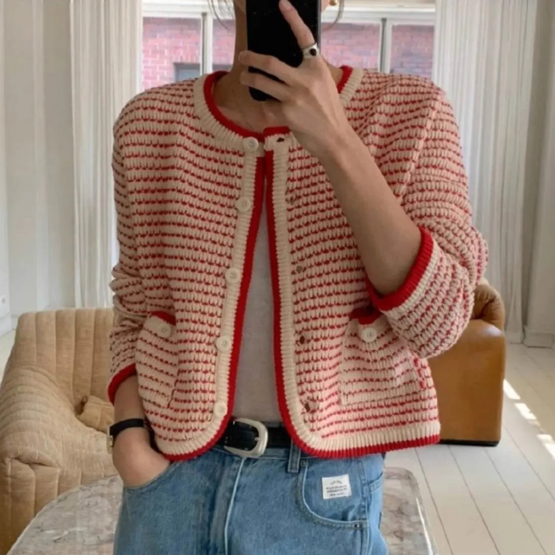 

Striped Knitted Cardigan Sweater Women's Gentle Single Button Retro Full Sleeves Outerwear Sweater Round Neck Knitwear Tops