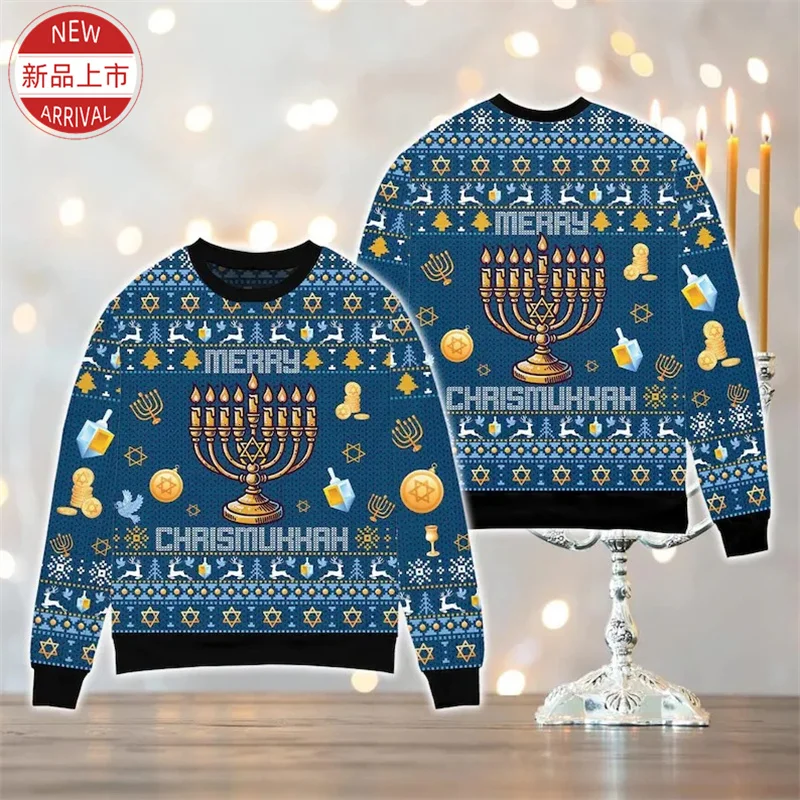 Hanukkah Festival 3D Print Sweatshirts Chanukah Graphic Israel Hoodie Fashion Vintage Round Neck Sweatshirts Mens Clothing Tops
