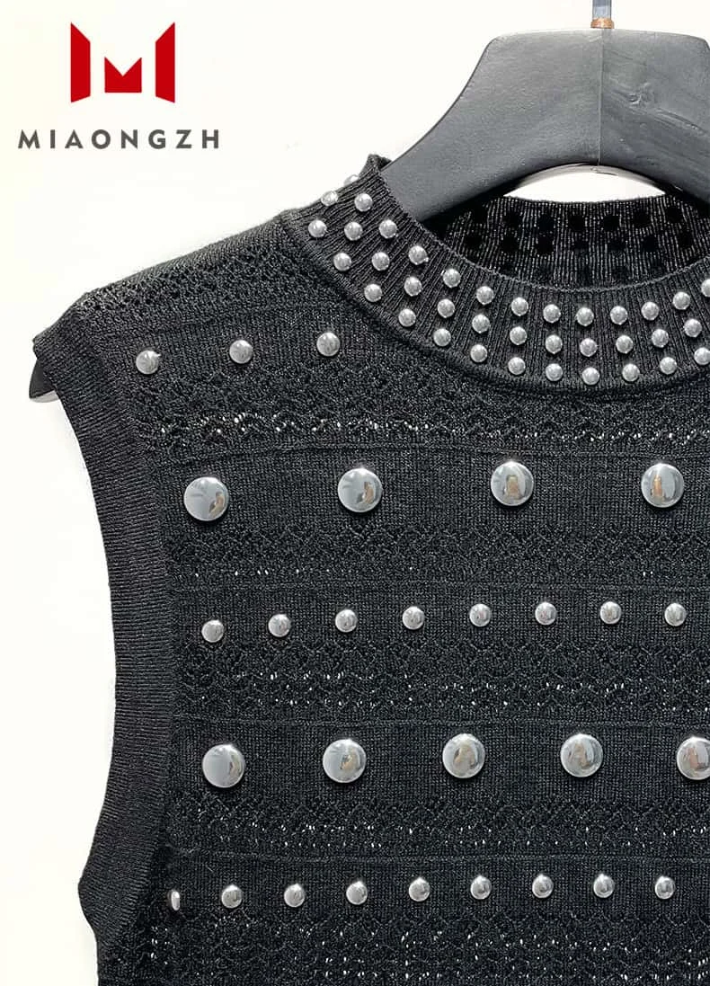 

Round Dot Rivet Sleeveless Black Ruffle Dress For Women O Neck Slimming Hollow Out Temperament Mid-Length Ladies Party Dresses