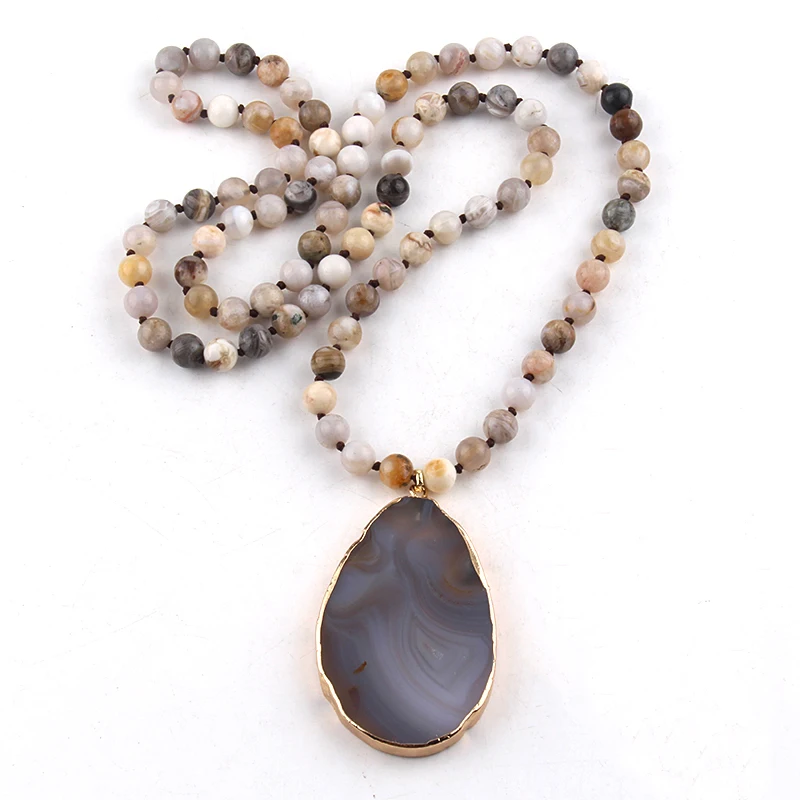 Fashion Boho Beaded Necklace Natural Stone Bohemai Beads Knotted Agt Stones Pendant Necklaces For Women Gift