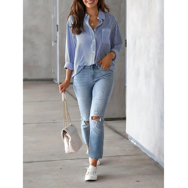 2025 Autumn Streetwear Vintage Long Sleeve Blouses Female Casual Loose Single-Breasted Shirts Classic Blue Striped Shirt Women