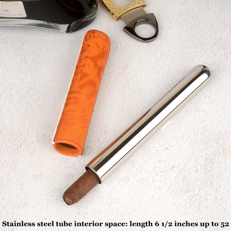 Orange sheep Skin Cigar Case Real Leather Cigar Tube Stainless Steel Cigar Holder 20mm Mini Humidor Best Smoking Accessory