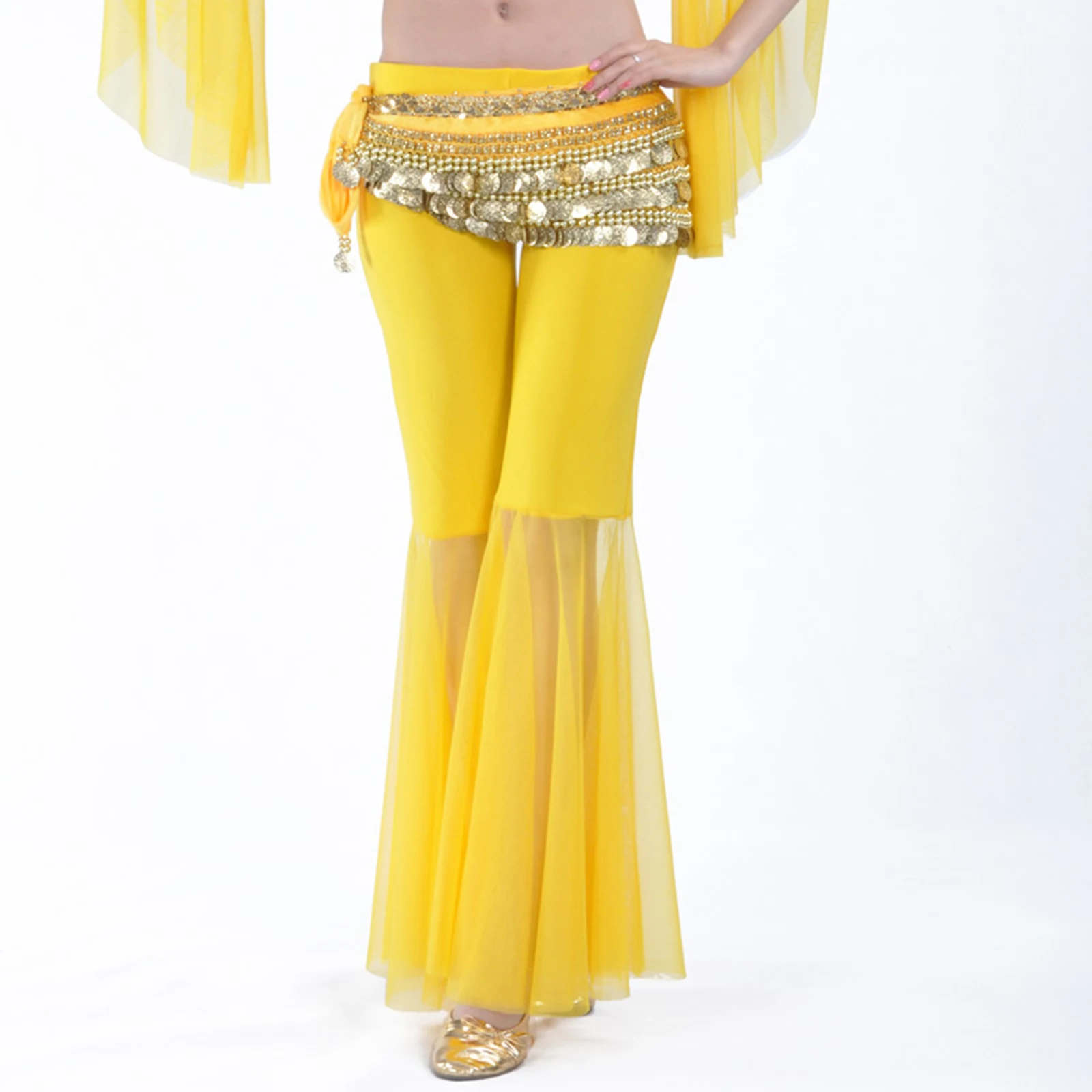 Womens Belly Dance Pants Solid Color Sheer Tulle Bell-Bottomed Pants Low Rise Flared Trousers Practice Performance Costume New