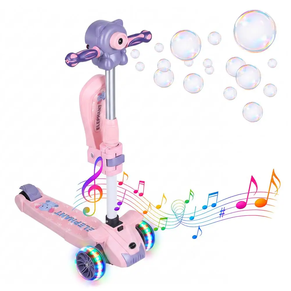 Foldable Children's Scooter for Ages 1-3-6-10, Ride On Toy with Seat Bubble Machine LED Light Wheels, Adjustable Height Scooter