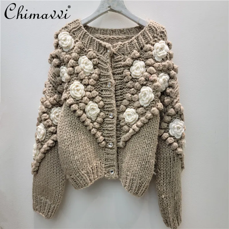 

Korean Style Fashion Handmade 3D Crochet Round Neck Long Sleeve Single-Breasted Loose Versatile Knitted Cardigan Jacket Women