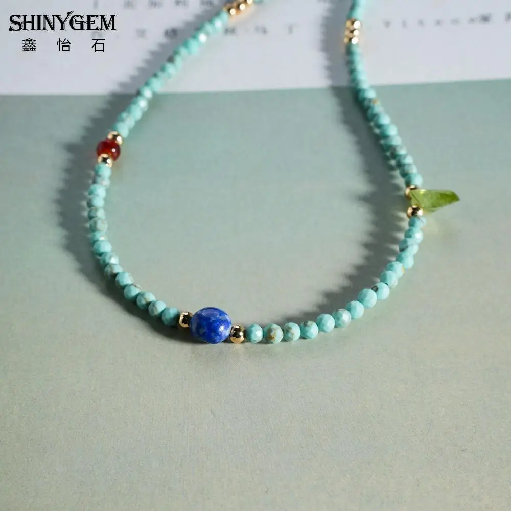 SHINYGEM Natural Turquoise Cut Facted Beaded with Lapis Lazuli Olivine Red Agate Adjustable Choker Boho Women Jewelry Necklace