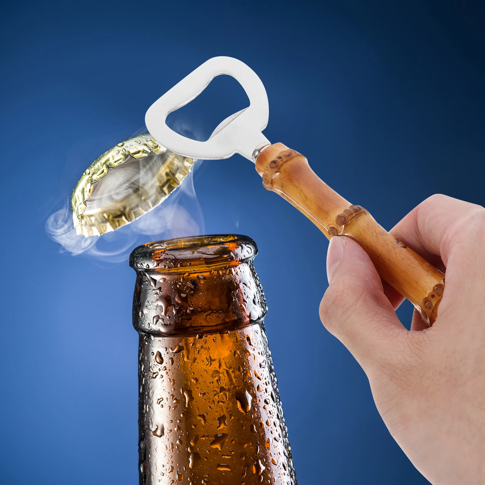 

1 Pcs Compact Bottle Opener Stainless Steel Bamboo Handle Versatile Can Opener Restaurant Tool
