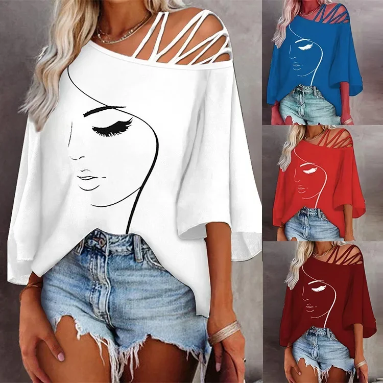 Women\'s Fashion Splicing Loose Slant Neck Face Printed T-shirt Casual Top 2024 Summer