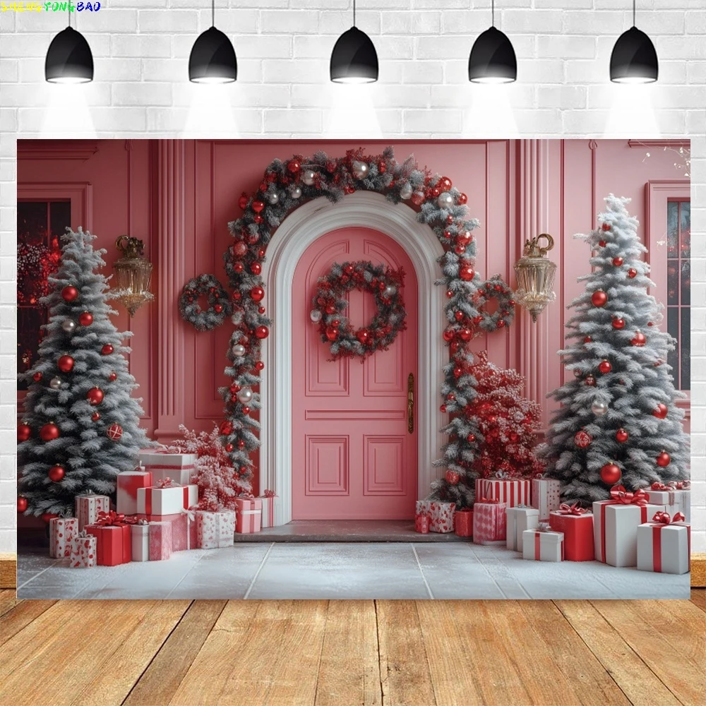 

Pink Christmas Photography Backdrop Winter Snow Xmas Trees Wooden Door Garland Photo Background Family Party Decorations Banner