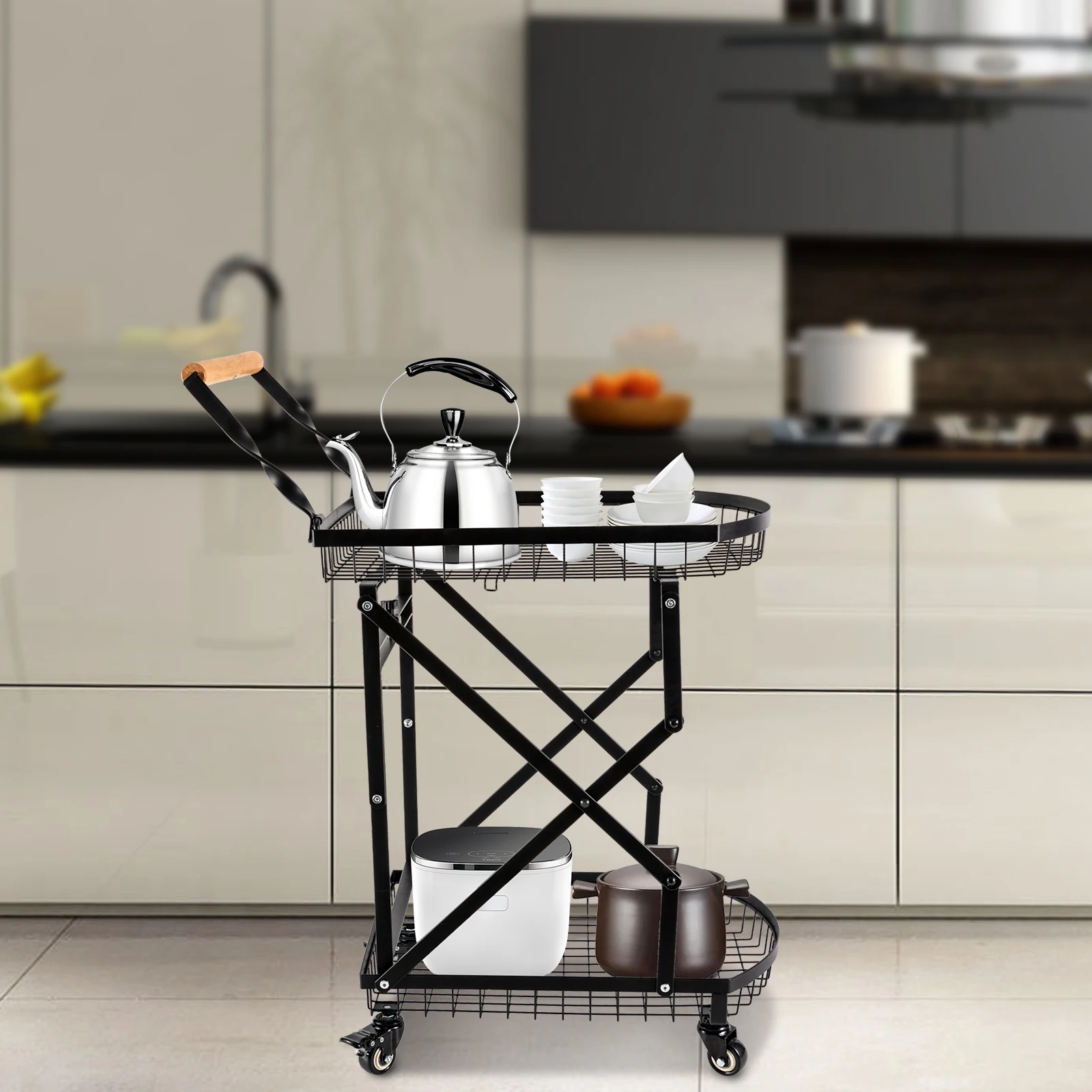 2-Layer Folding Cart Retractable Kitchen Storage Grocery Cart