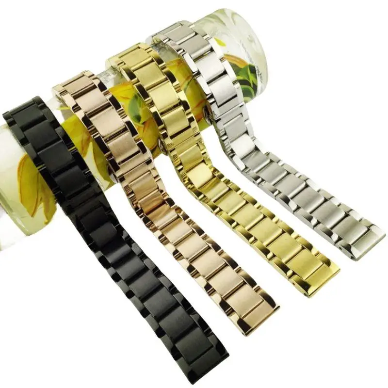 316L Stainless Steel 18mm 20mm 21mm 22mm Universal Straight End Three-beads Butterfly Clasp Watch Strap Band Silver Black Gold