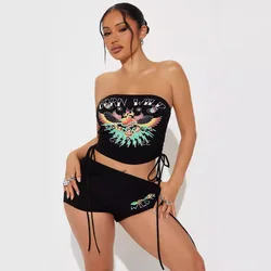 Letter Printed Women 2 Piece Set Sleeveless Crop Tube Top Bandage Mini Shorts Matching Set 2024 Summer Fitness Skinny Tracksuits