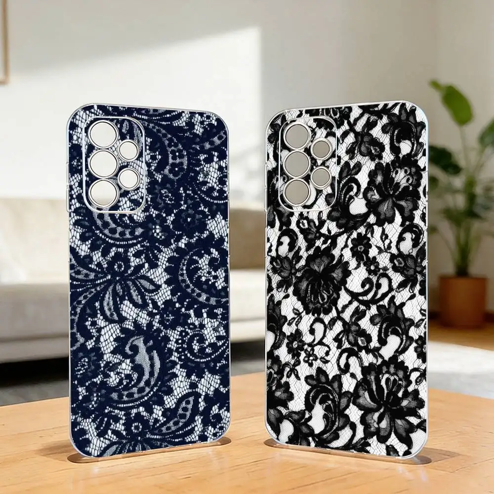Vintage L-Lace Fabric Pattern Phone Case For Samsung S25,S24,S21,S22,S23,S30,Ultra,S20,Plus,Fe,Lite,Note,10,Transparent Cover