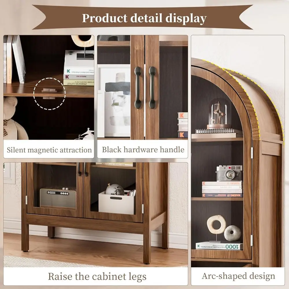 70.9 Tall Walnut Acrylic Glass Display Cabinet for Collectibles, 5-Tier Curio Case for Living Room view 4