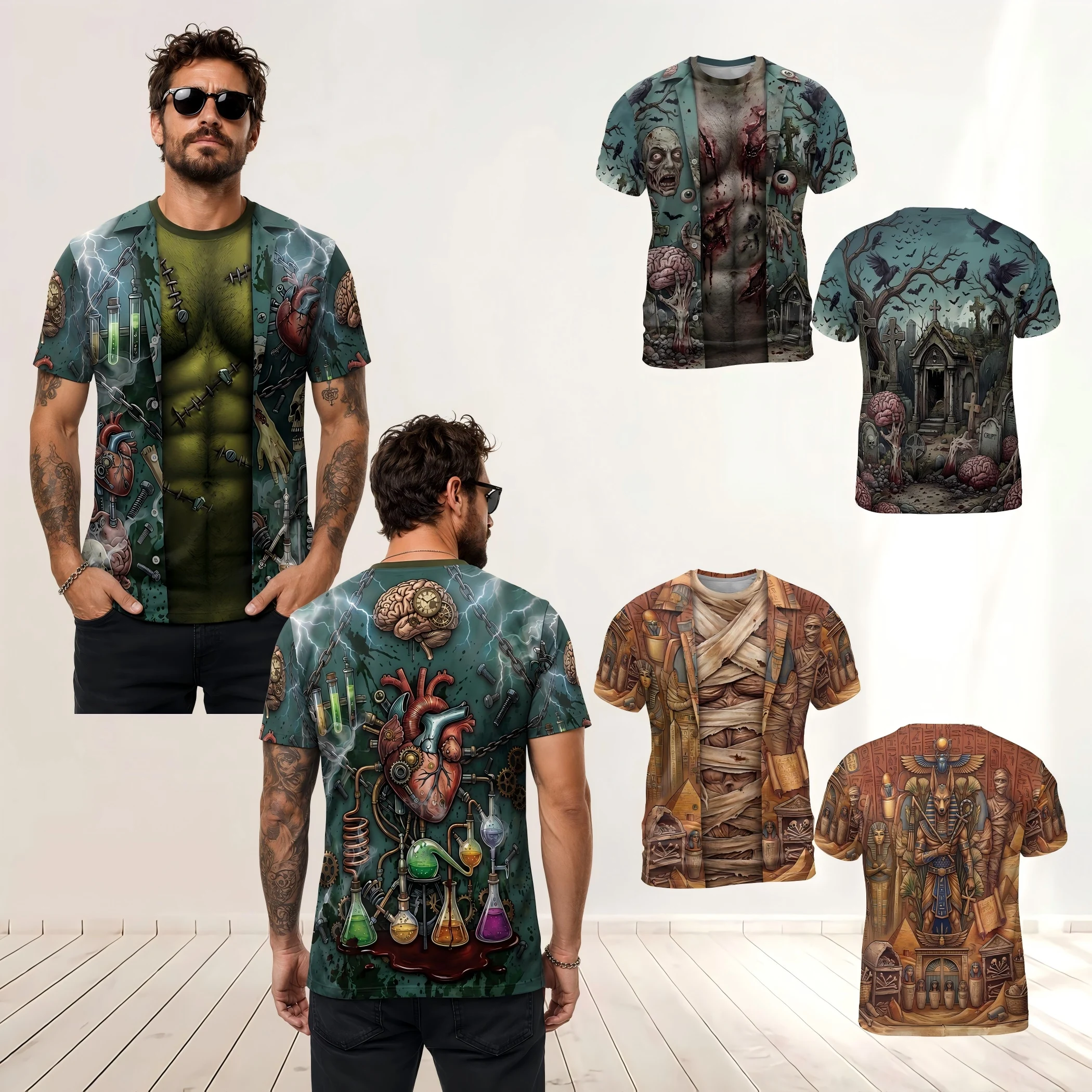 Unisex Halloween Horror 3D Print T‑Shirt Men Women Fake Open Shirt Short‑Sleeve Tops Spooky Gothic Cosplay Party Novelty Tees