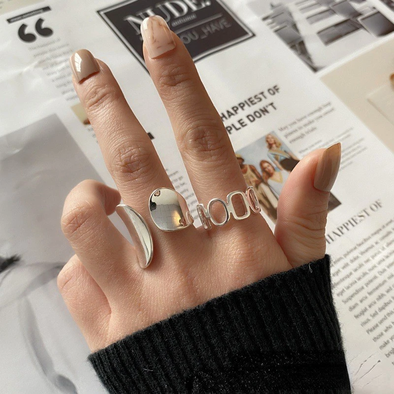 925 Sterling Silver Simple Punk Hollow Rings For Women Geometric Fashion Open Adjustable Handmade Party Jewelry Gift Allergy