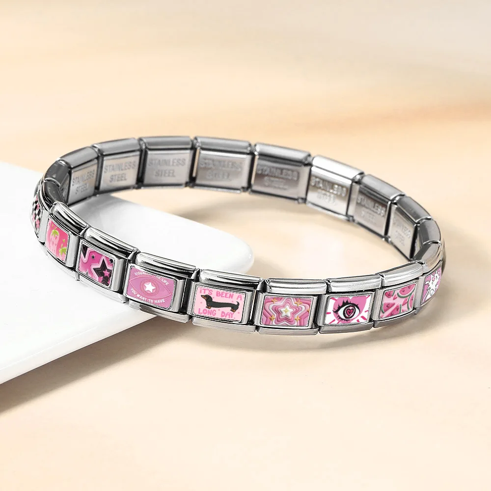 New Pink Y2K Style Italian Module Charm Links Butterfly Cat Rabbit Star Eye Rectangle Bead 9mm Modular Bracelet DIY Making Gift