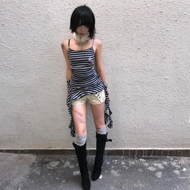 Genayooa خمر ريترو تانك القمم المرأة مخطط بلايز أكمام Y2k اليابانية كاميس تانك 2000s الجمالية E-الفتيات الجرونج القمم #3