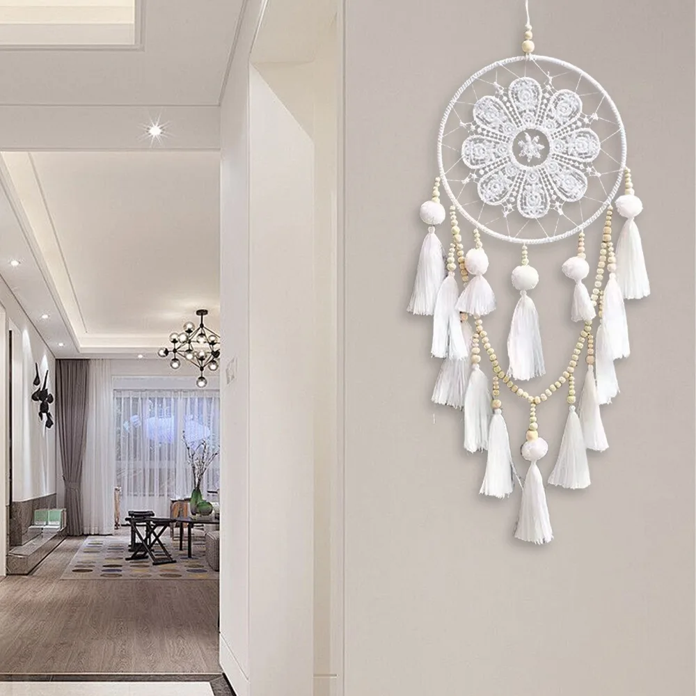 Cotton Macrame Dreamcatcher White Wooden Beads Crochet Lace Dream Catcher Wall Hanging Boho Traditional 7.87x21.65in