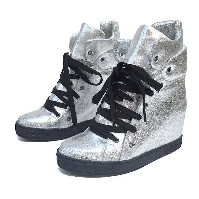 Black Cow Suede Leather Casual Shoes Silver Women Height Increasing Lace Up Ladies High Quality Roma Style Flats Sneakers Autumn