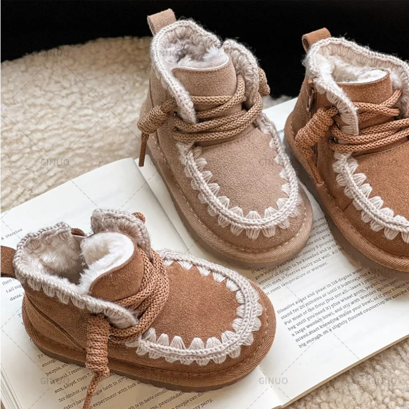 Bottes de neige en cuir de vachette véritable pour enfants, chaussures en coton doux et chaud pour bébé, bottes en daim avec peluche pour garçons et filles, botte de princesse rétro, hiver