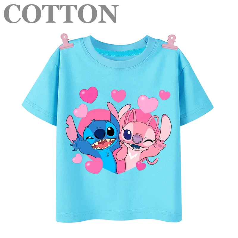 Disney Cute Stitch Anime Summer Fashion Cotton Children\'s Cartoon T-shirt Round Neck Casual Short Sleeve Printed Pattern