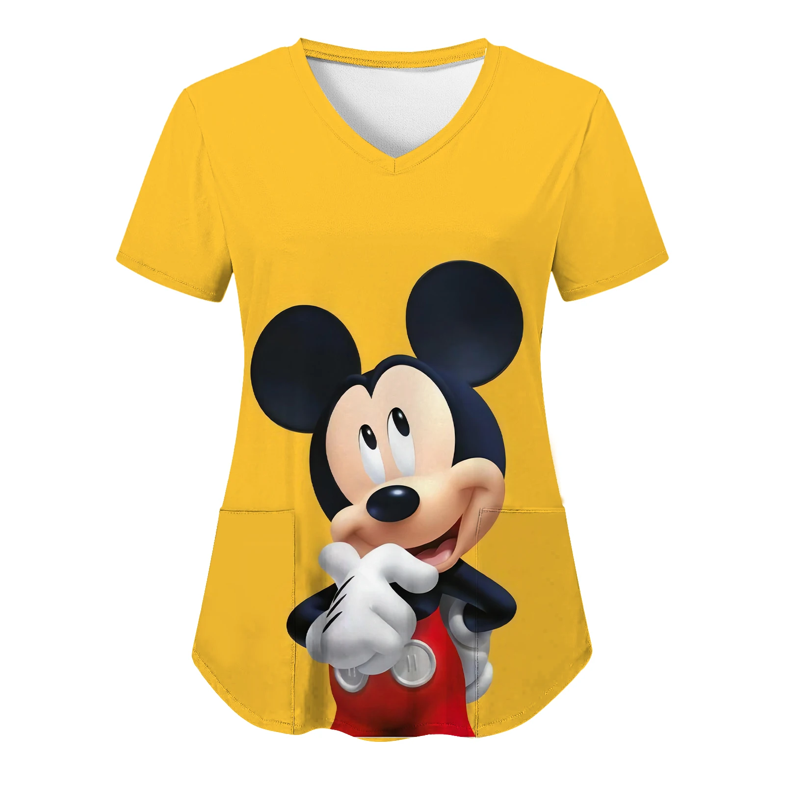 T-shirt V Neck T-shirts Disney Nurse Uniform Pocket Top Women 2024 Hospital Tops Minnie Mouse Woman Clothes Mickey Tees Women's