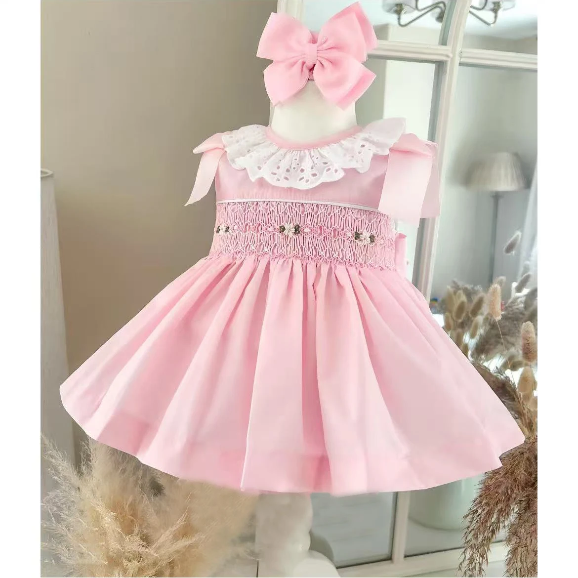 Baby Girl Summer Pink Smocked Flower Handmade Embroidery Vintage Turkish Princess Dress for Eid Holiday Party Photography  A79