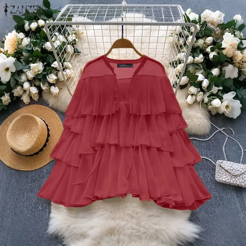

Elegant Ruffled Blouse ZANZEA 2026 Summer Women V Neck Long Sleeve Tops Stylish Lace -Up Holiday Mujer Solid Color Work Shirt