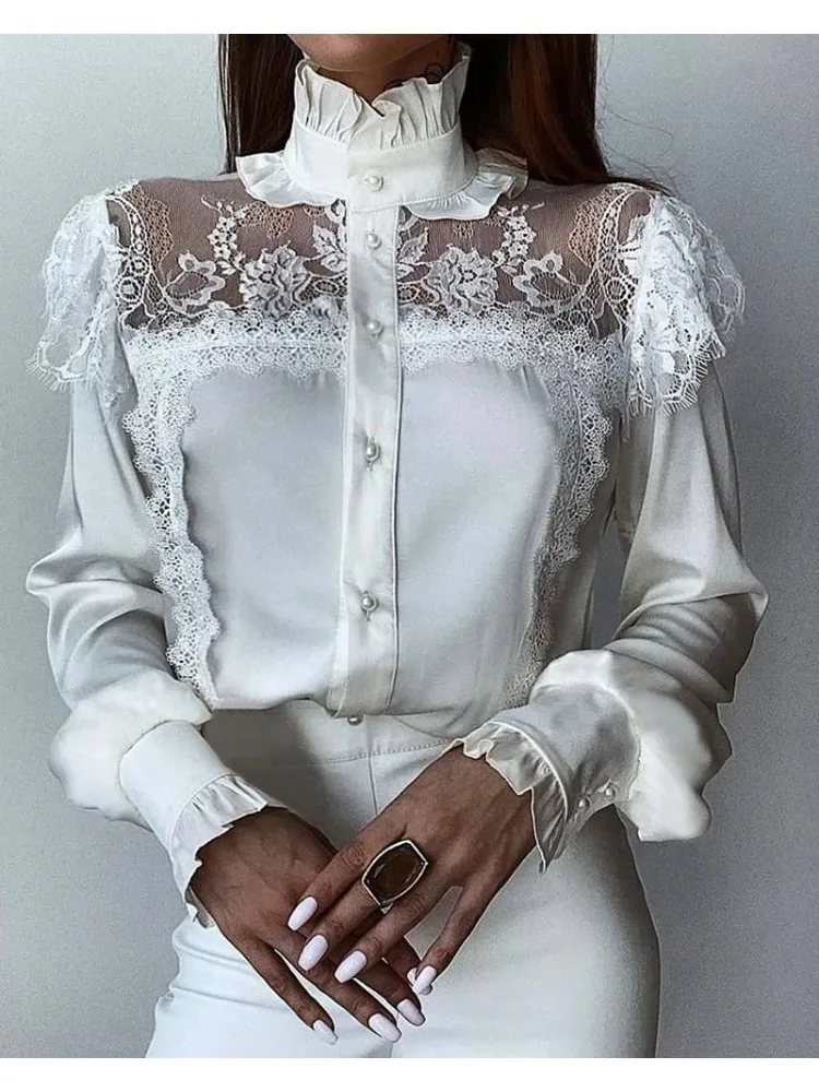 Spring Women Solid Lace Decoration Fungus Hem Mesh Button Long Lantern Sleeves Stand Collar Sweet White Blouses Lady Tops