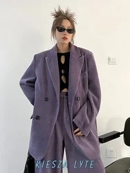 Kiesza lyte 2024 Fashion street vintage Purple Corduroy Casual Blazer Women Suit Wide Leg Pants two piece sets womens outifits