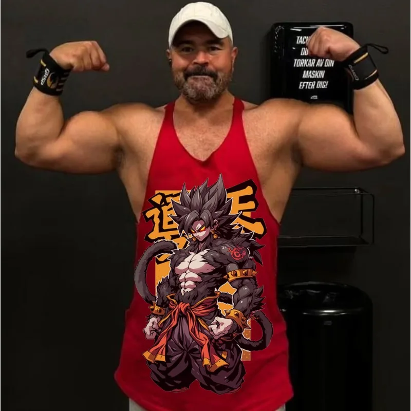 Autentyczna (Bandai) Licencjonowana męska koszulka bez rękawów Dragon Ball Z na lato, sportowa, na siłownię, z krzyżowym wzorem, luźna, oddychająca, idealna na zewnątrz, bluza.