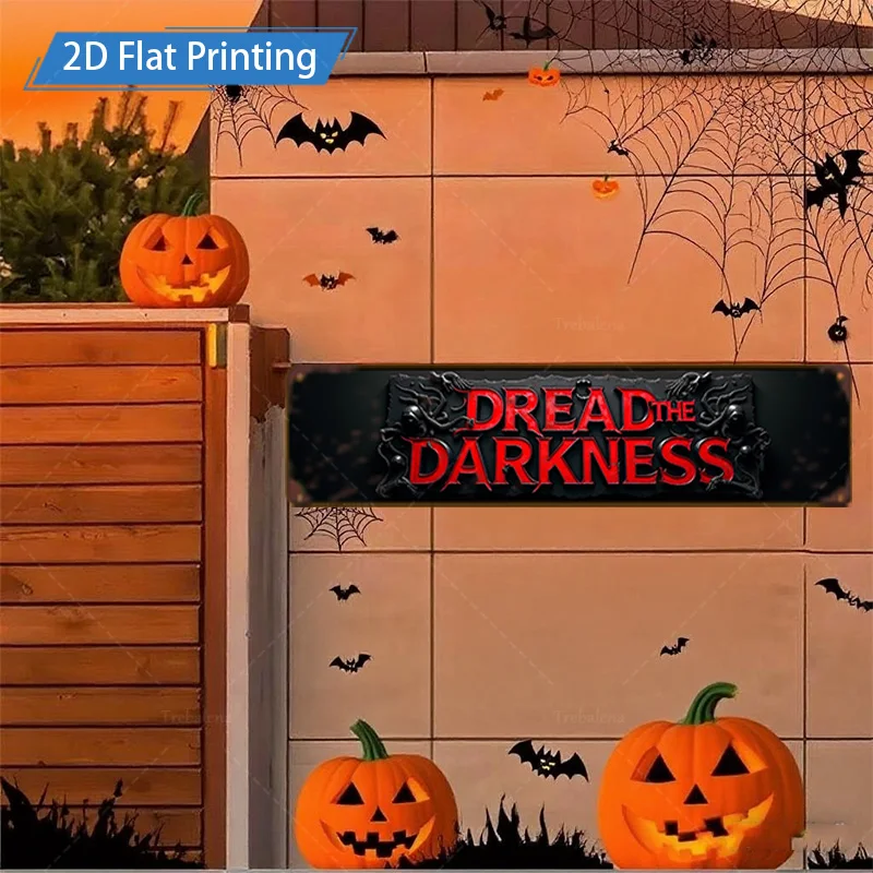 1 قطعة علامة معدنية ، 4x16 بوصة علامة "Dread the Darkness" للهالوين ، طباعة مسطحة ثنائية الأبعاد ، ديكور الخفافيش المخيف واليقطين