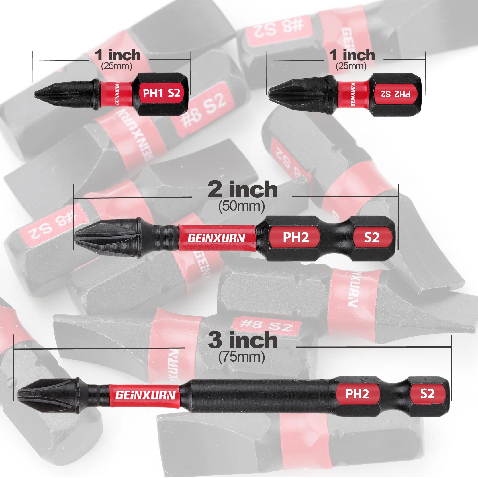 Geinxurn Impact Magnetic PH1/PH2 Head Power Bits, Insert Driver Bits S2 Alloy Steel Screwdriver Bits Set