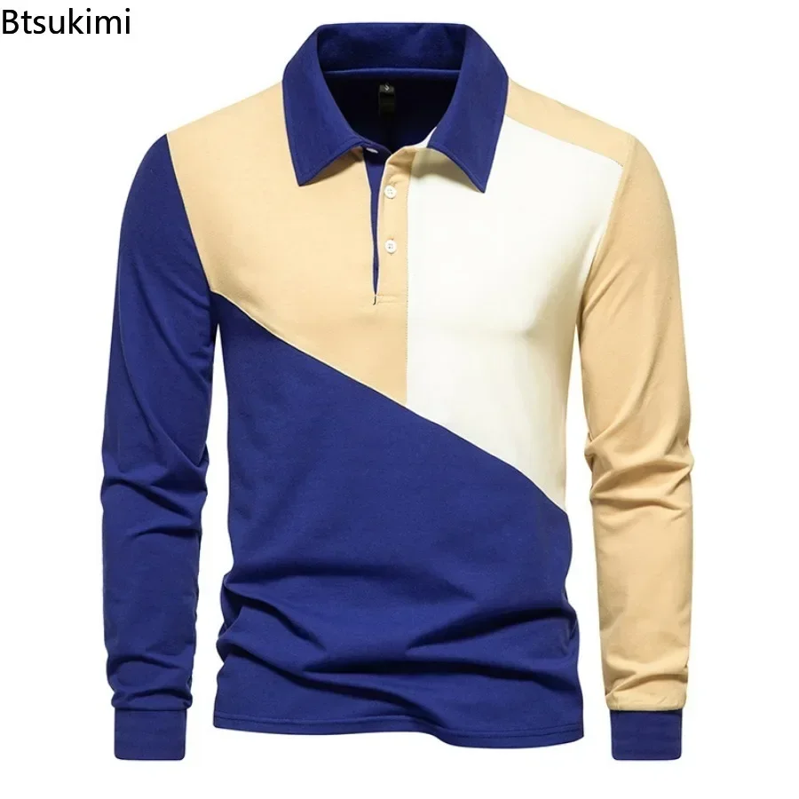 2026 New Men's Long-sleeved Polo Shirt Fashion Patchwork Design Half Button-up Lapel Pullover Men Casual Colorblock Tops T-shirt